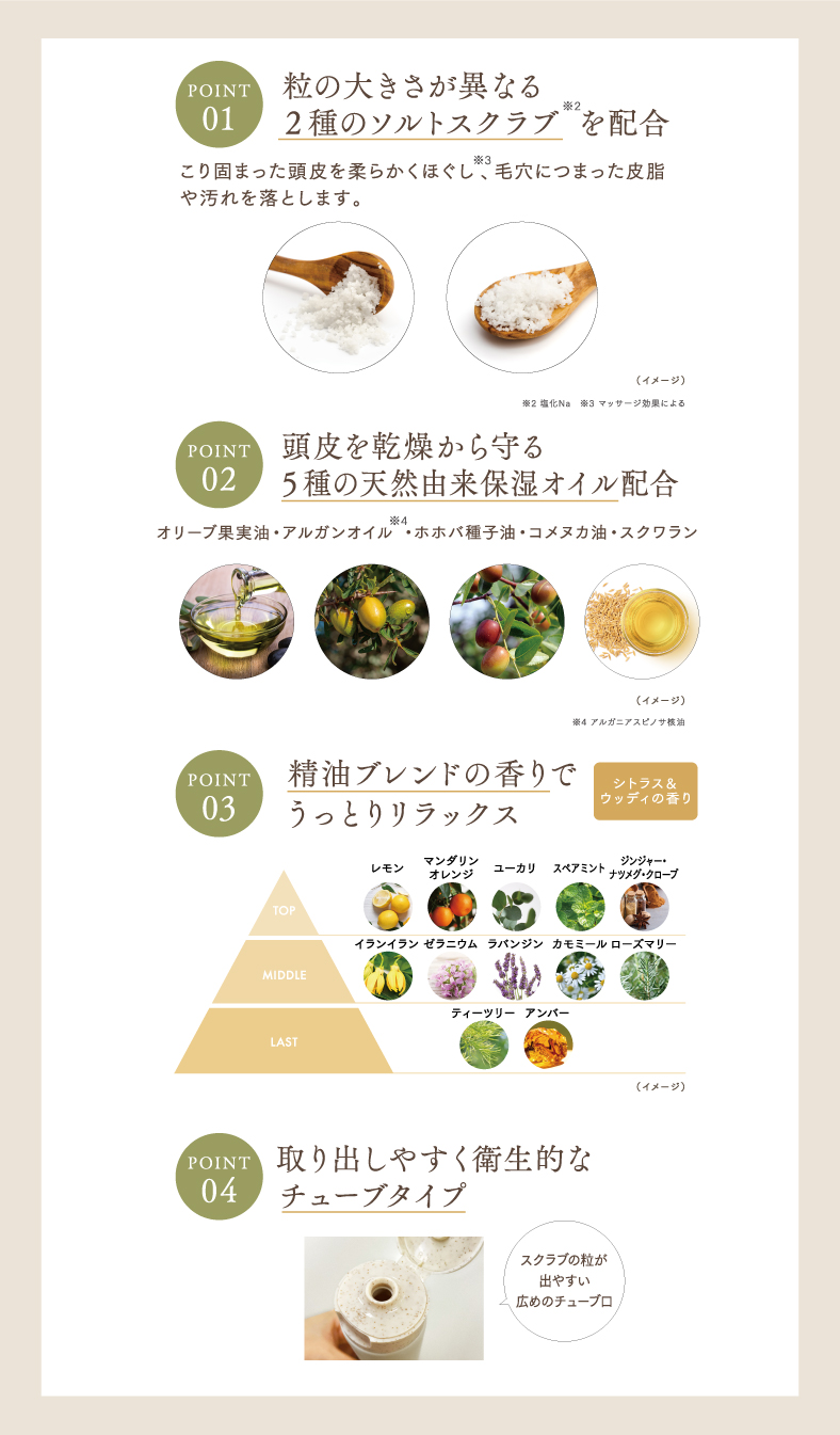 POINT.1 粒の大きさが異なる2種類のソルトスクラブを配合　POINT.2 頭皮を乾燥から守る5種の天然由来保湿オイル配合　POINT.3 精油ブレンドの香りでうっとりリラックス　POINT.4 取り出しやすく衛生的なチューブタイプ